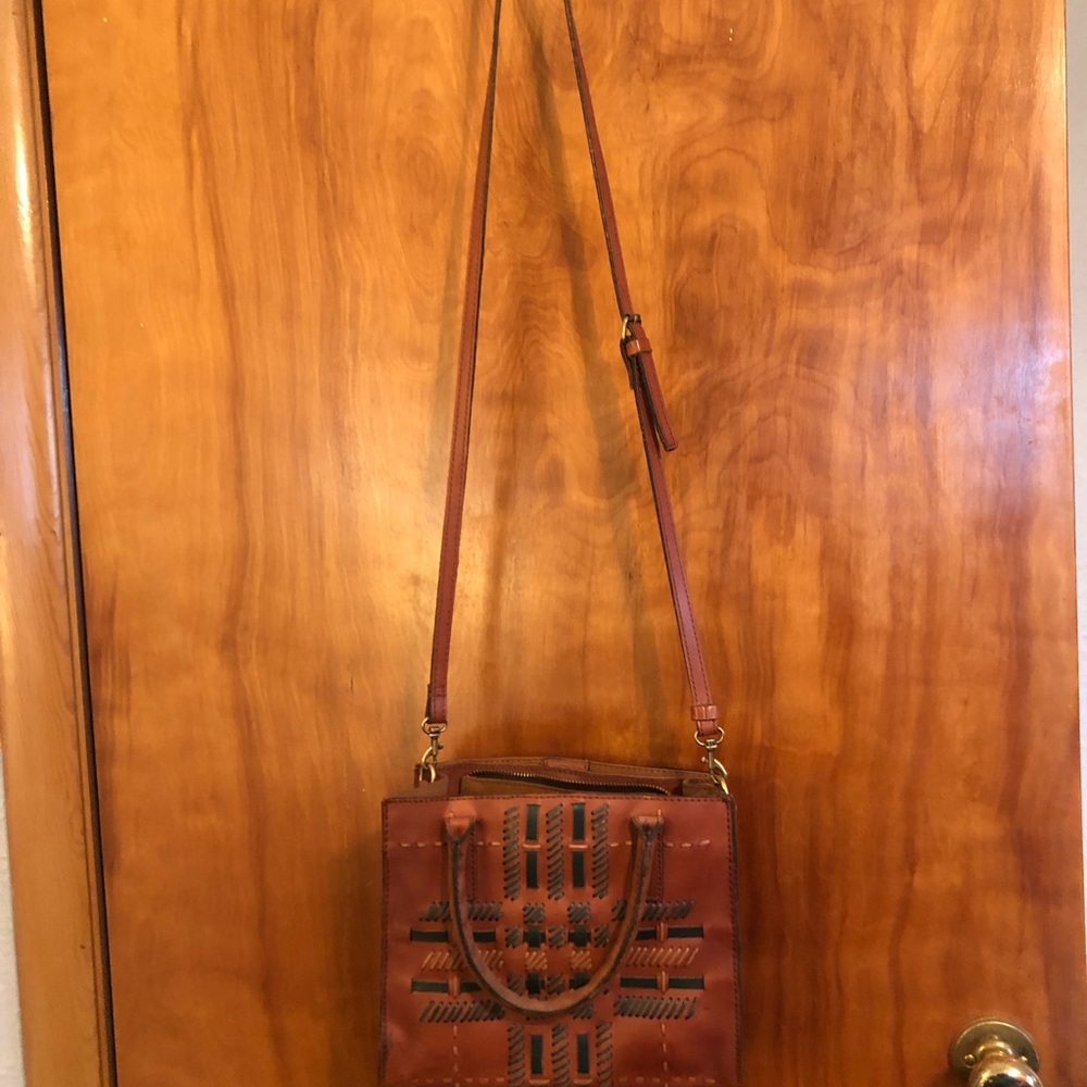 Patricia Nash Cognac Brown Leather Woven Crossbody Bag
